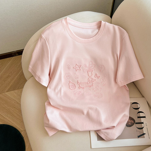 小C家 粉色减龄卡通刺绣正肩短袖T恤女2026夏季新款圆领别致上衣