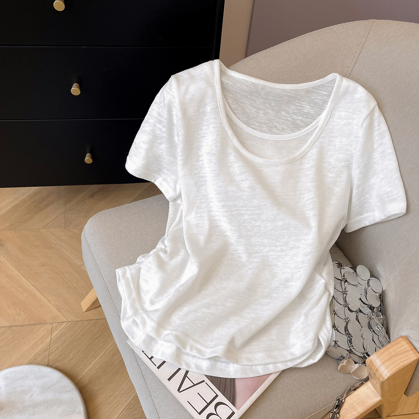 小C家 假两件圆领短袖T恤女2026新款夏薄款褶皱收腰显瘦正肩上衣