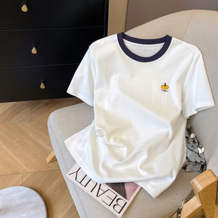 小C家撞色圆领正肩短袖 夏百搭休闲套头南瓜刺绣上衣 T恤女2026新款