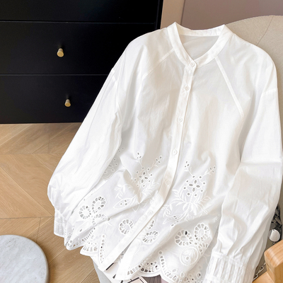 宽松休闲长袖纯棉钩花镂空衬衫女
