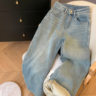 小C家 复古加绒直筒牛仔裤女2025新款秋冬加厚休闲裤高腰显瘦裤子