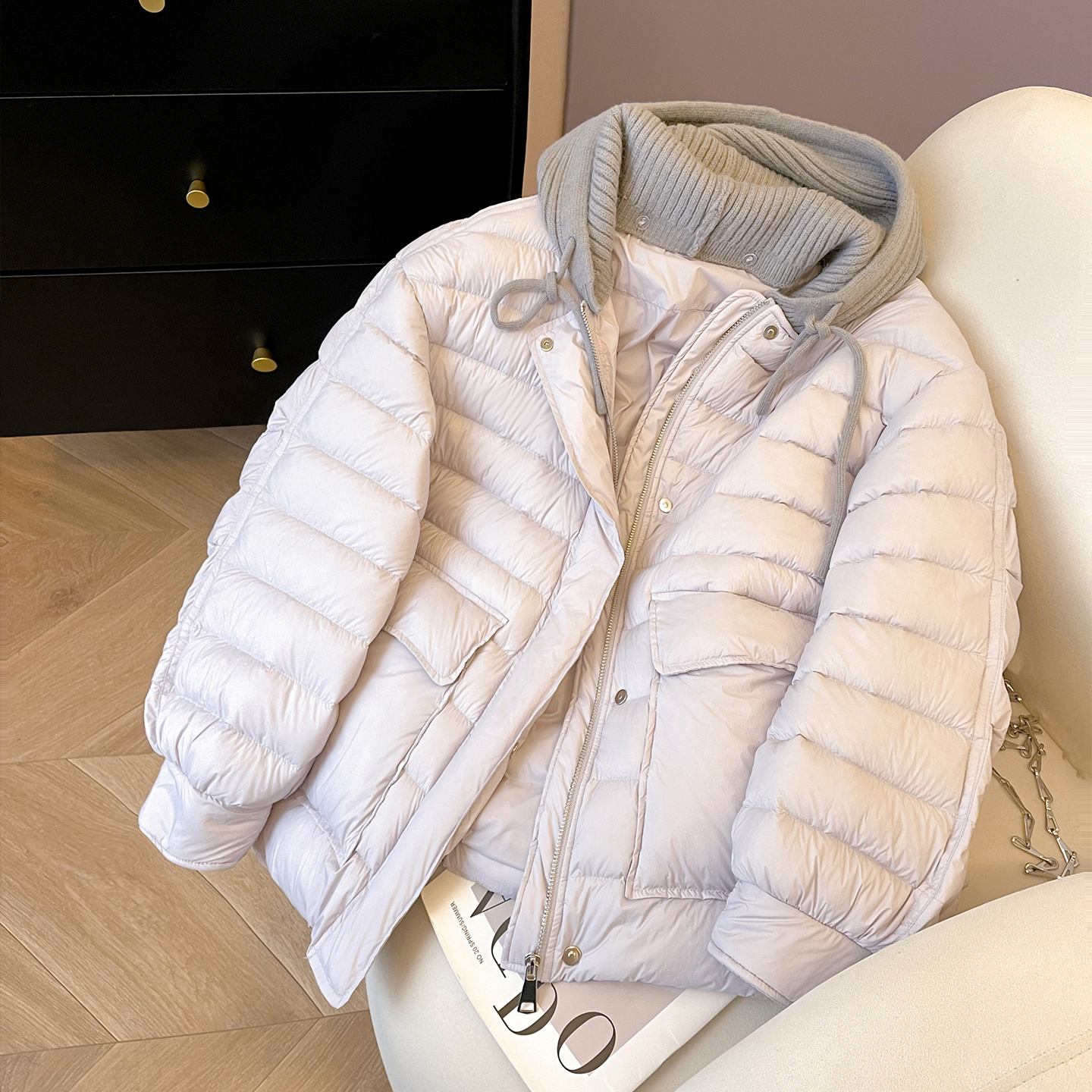 休闲锦纶针织连帽排骨羽绒服女冬