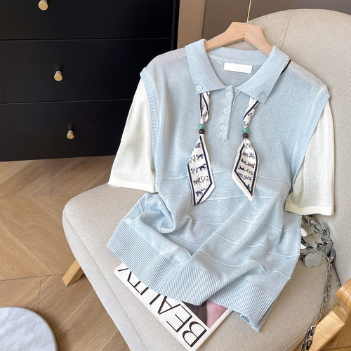 polo领套头假两件针织短袖配丝巾