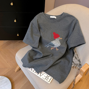 秋冬内搭打底宽松圆领上衣 T恤女2025新款 小C家 刺绣小鸭印花短袖