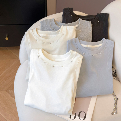 长袖休闲薄绒串珠圆领打底T恤女