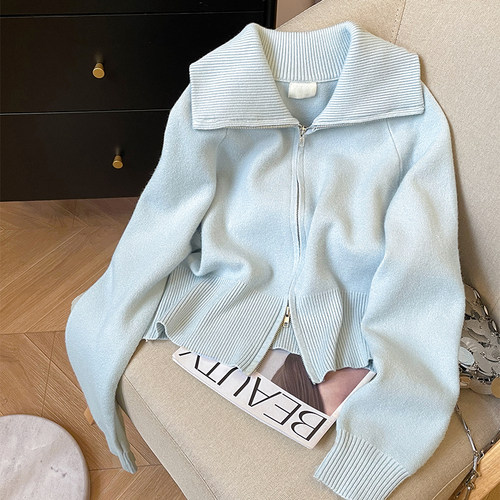 小C家 蓝色双拉链毛衣针织衫女秋冬设计感慵懒风宽松翻领开衫外套