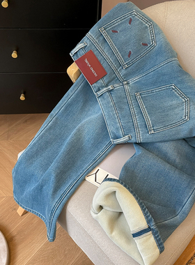 小C家 浅蓝色直筒牛仔裤女2025新款冬季加厚加绒高腰显瘦刺绣裤子