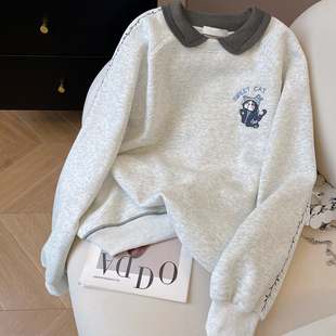 小C家 撞色翻领卫衣女2025新款冬季加绒加厚韩系穿搭宽松刺绣上衣