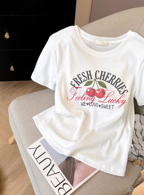 小C家 樱桃字母印花短袖T恤女2026新款夏韩系甜美风圆领正肩上衣