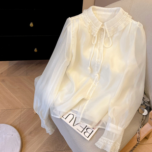 气质穿搭泡泡袖 小C家 春法式 女2026新款 上衣 系带蕾丝娃娃领雪纺衫