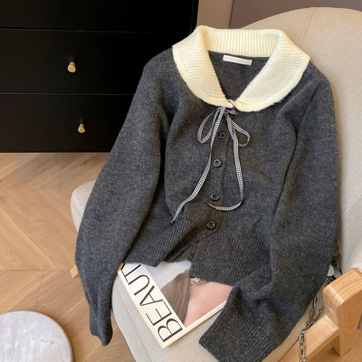 单排扣娃娃领开衫镂空针织开衫女