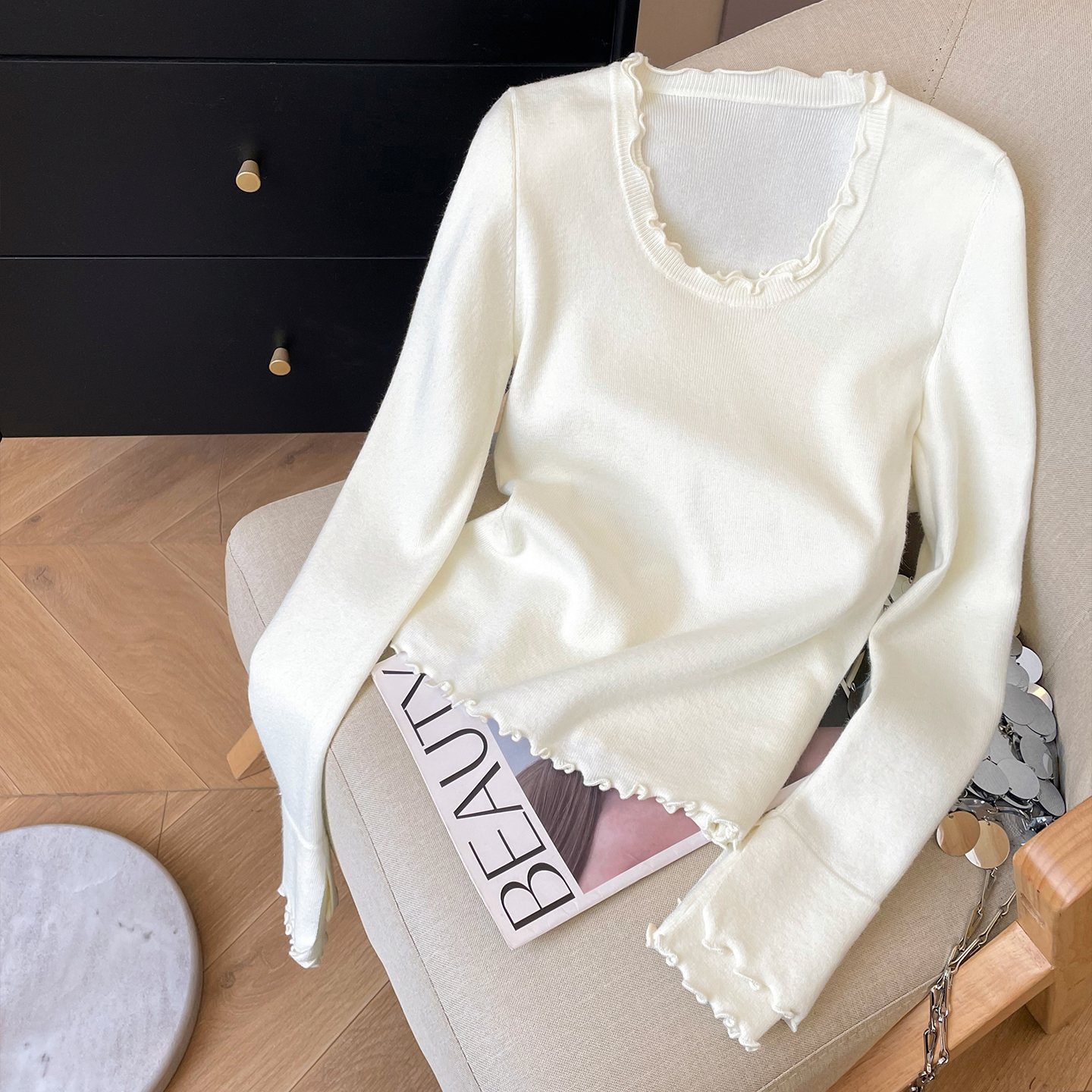 圆领套头木耳边针织打底衫女新款