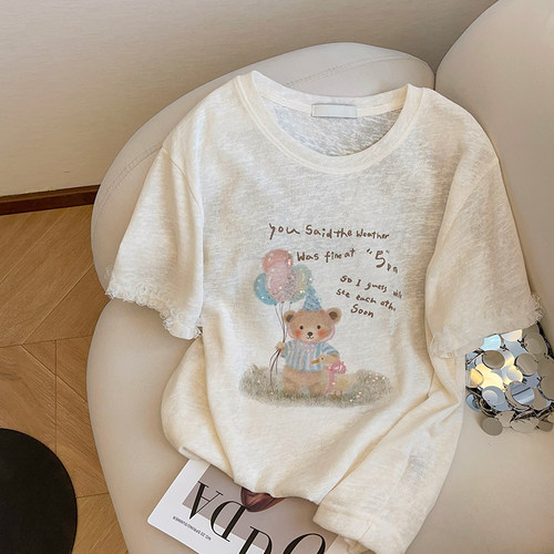 短袖休闲薄款蕾丝拼接棉T女新款