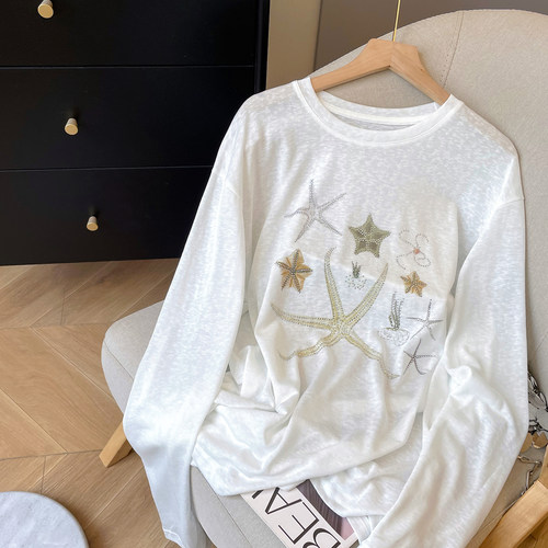 长袖休闲薄款钉珠海星天丝罩衫女