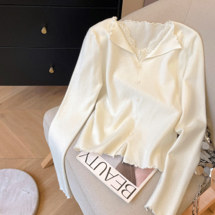 春韩系气质木耳边短款 女2026新款 上衣 蕾丝拼接V领针织开衫 小C家