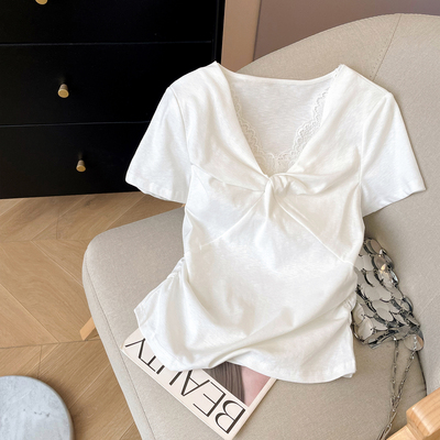 短袖辣妹风蕾丝V领扭结T恤女夏款