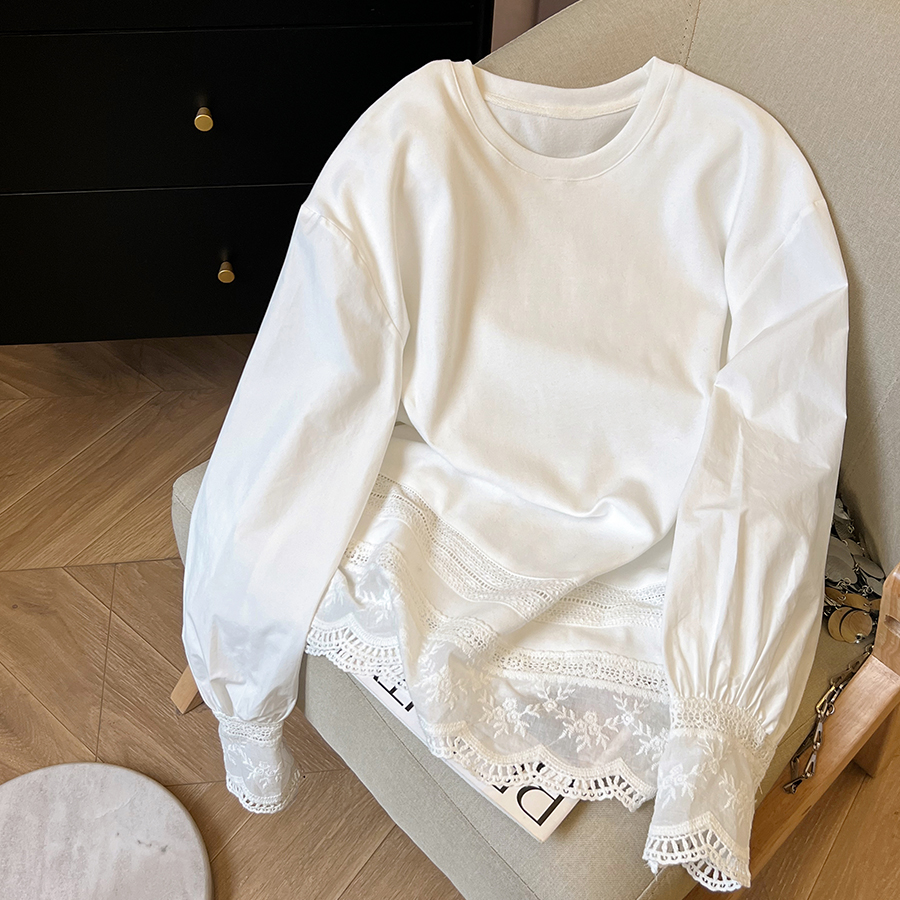小C家白色下摆蕾丝拼接设计感长袖T恤女春秋新款加厚内搭打底上衣