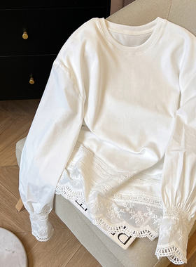 小C家白色下摆蕾丝拼接设计感长袖T恤女春秋新款加厚内搭打底上衣