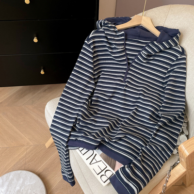 宽松棉休闲条纹连帽卫衣女秋新款