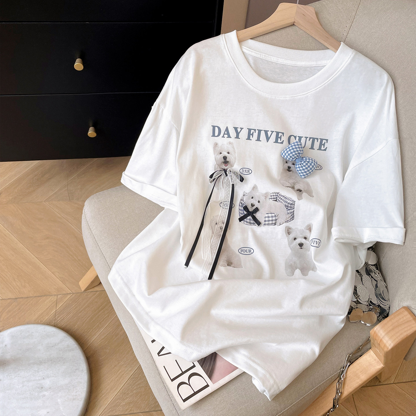 小C家 可爱蝴蝶结小狗印花短袖T恤女2026新款夏大版宽松圆领上衣