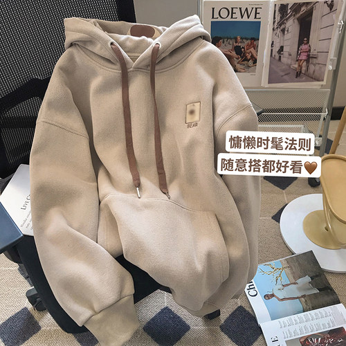 卡通小熊刺绣连帽卫衣女