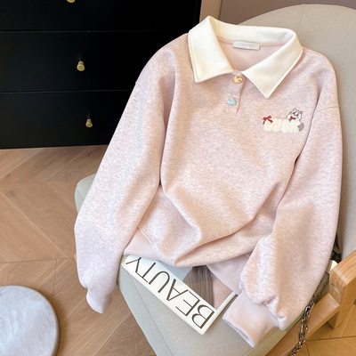 宽松甜美韩系爱心扣Polo领卫衣女