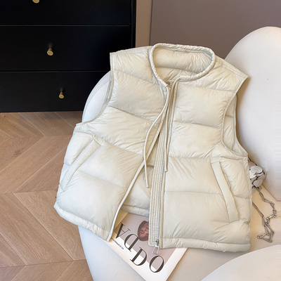 小C家 抽绳圆领羽绒马甲女款2025新款外穿冬季加厚白鸭绒马夹外套