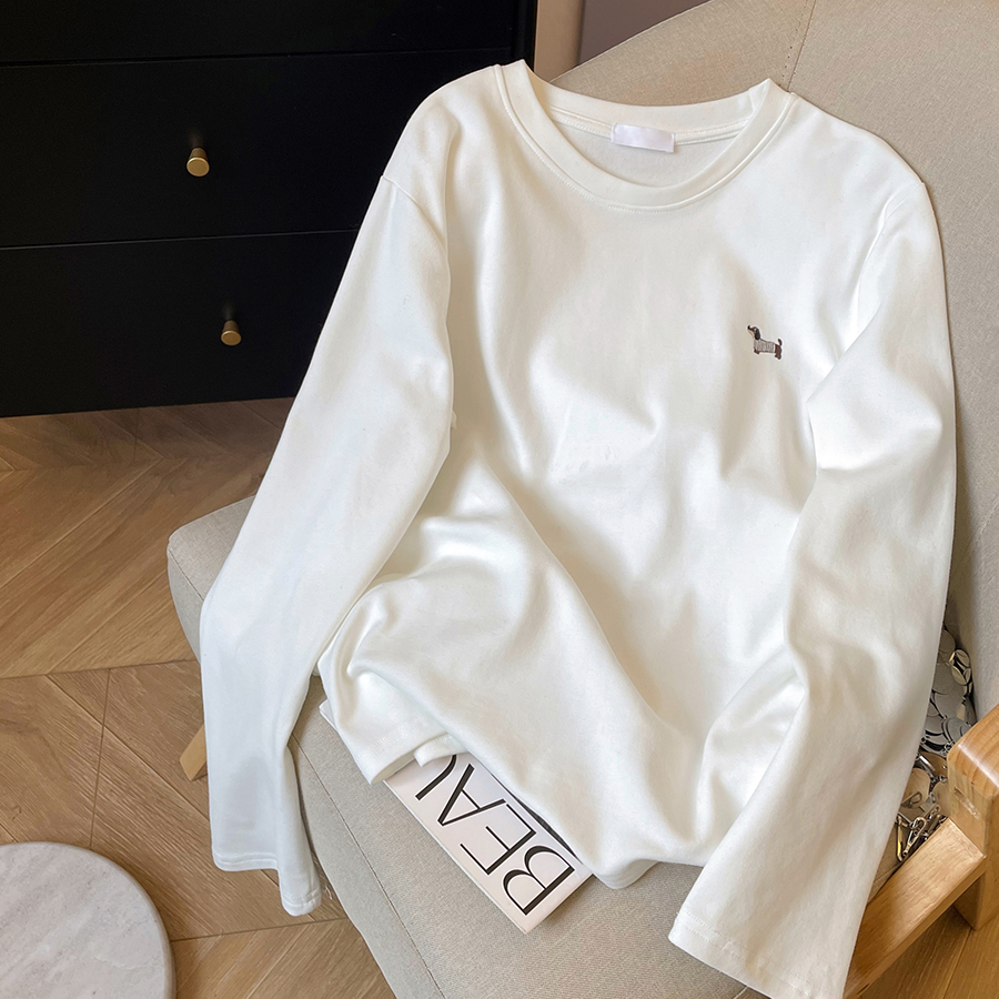 小C家白色圆领长袖T恤女冬季新款内搭磨毛加厚慵懒休闲打底衫上衣