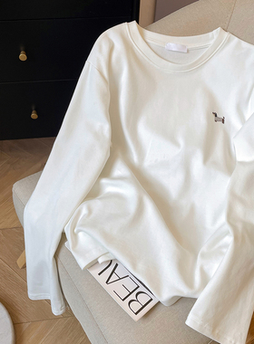 小C家白色圆领长袖T恤女冬季新款内搭磨毛加厚慵懒休闲打底衫上衣