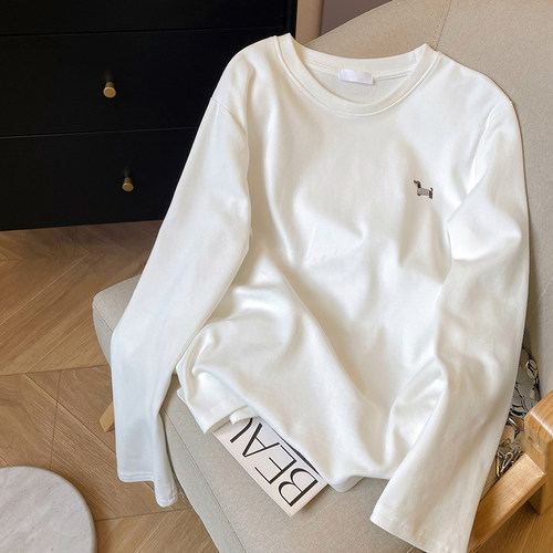 小C家白色圆领长袖T恤女冬季新款内搭磨毛加厚慵懒休闲打底衫上衣