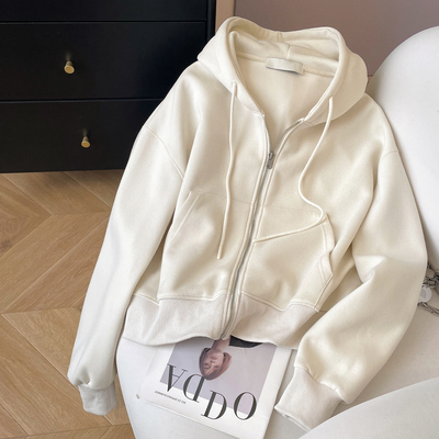 宽松棉质休闲纯色连帽卫衣外套女