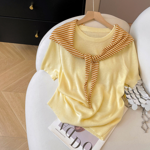 夏韩系简约休闲圆领小衫 女2026新款 两件套上衣 披肩针织短袖 小C家