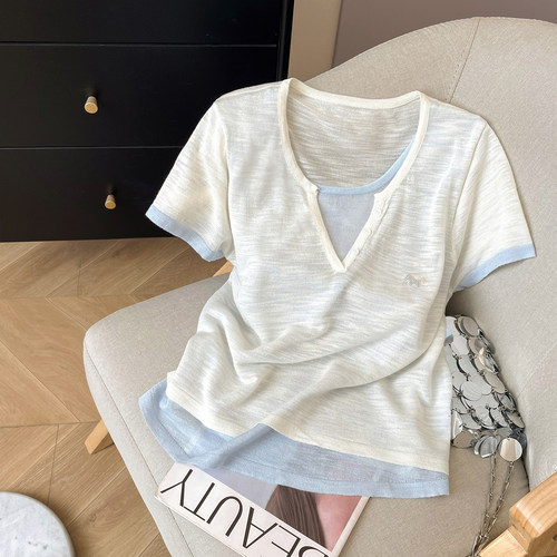 V领套头拼色假两件针织短袖女夏