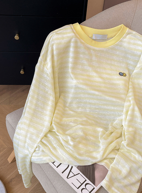 小C家黄色防晒罩衫女夏薄款2025新款条纹长袖T恤慵懒宽松圆领上衣