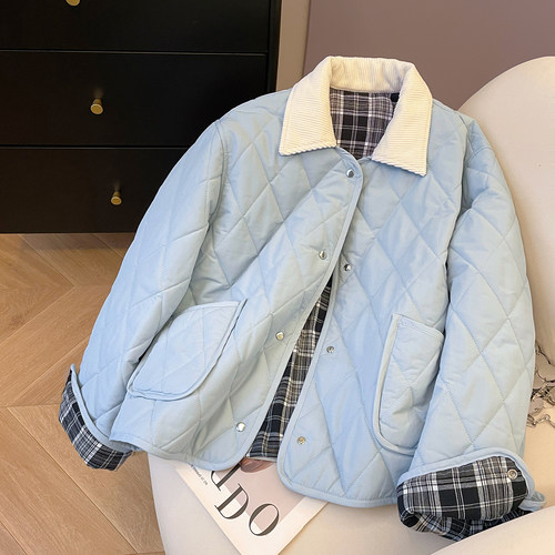 夹棉休闲宽松菱格棉服外套女新款