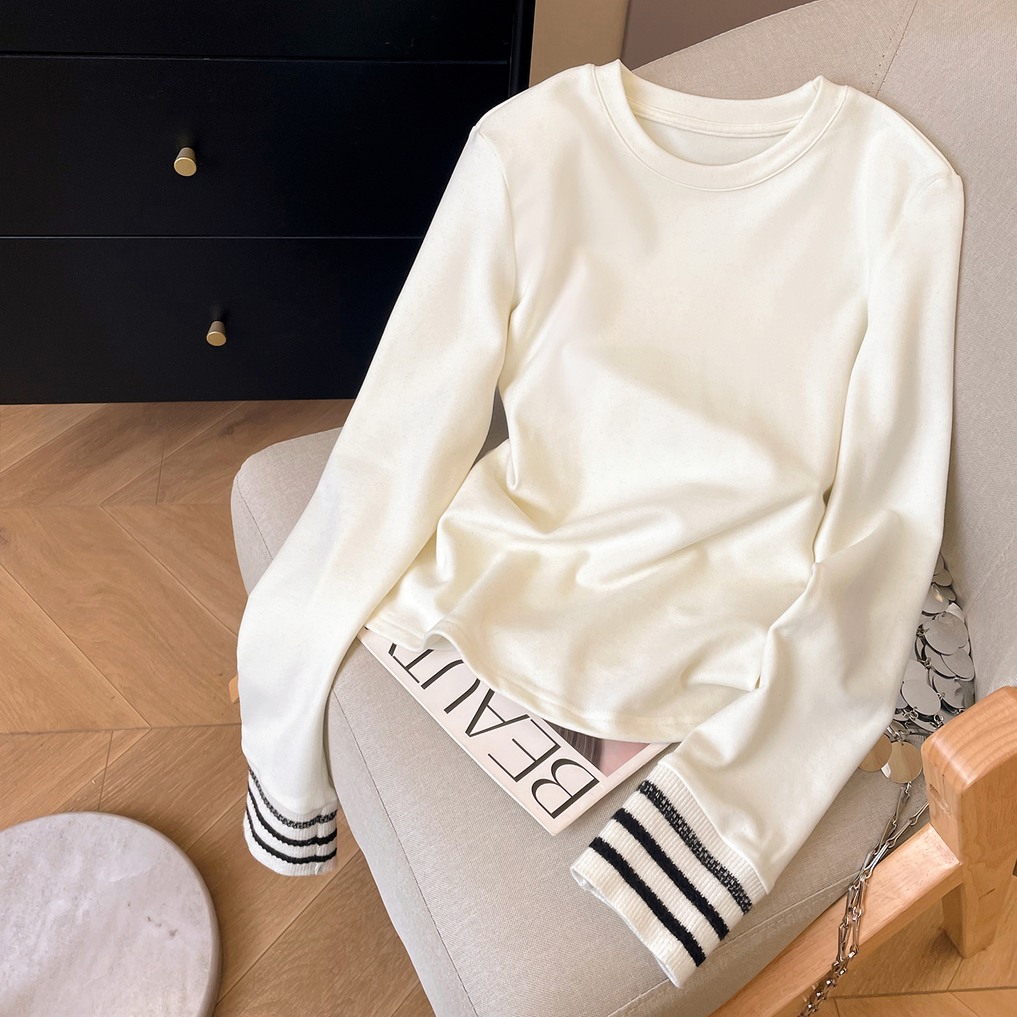 长袖休闲条纹袖口设计感T恤女秋