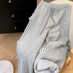小C家 灰色运动裤女款2025新款冬加厚加绒卫裤休闲直筒宽松阔腿裤