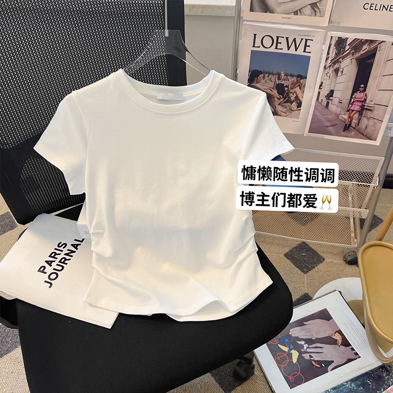 小C家白色褶皱正肩短款短袖T恤女夏季2025年新款收腰弧形修身上衣