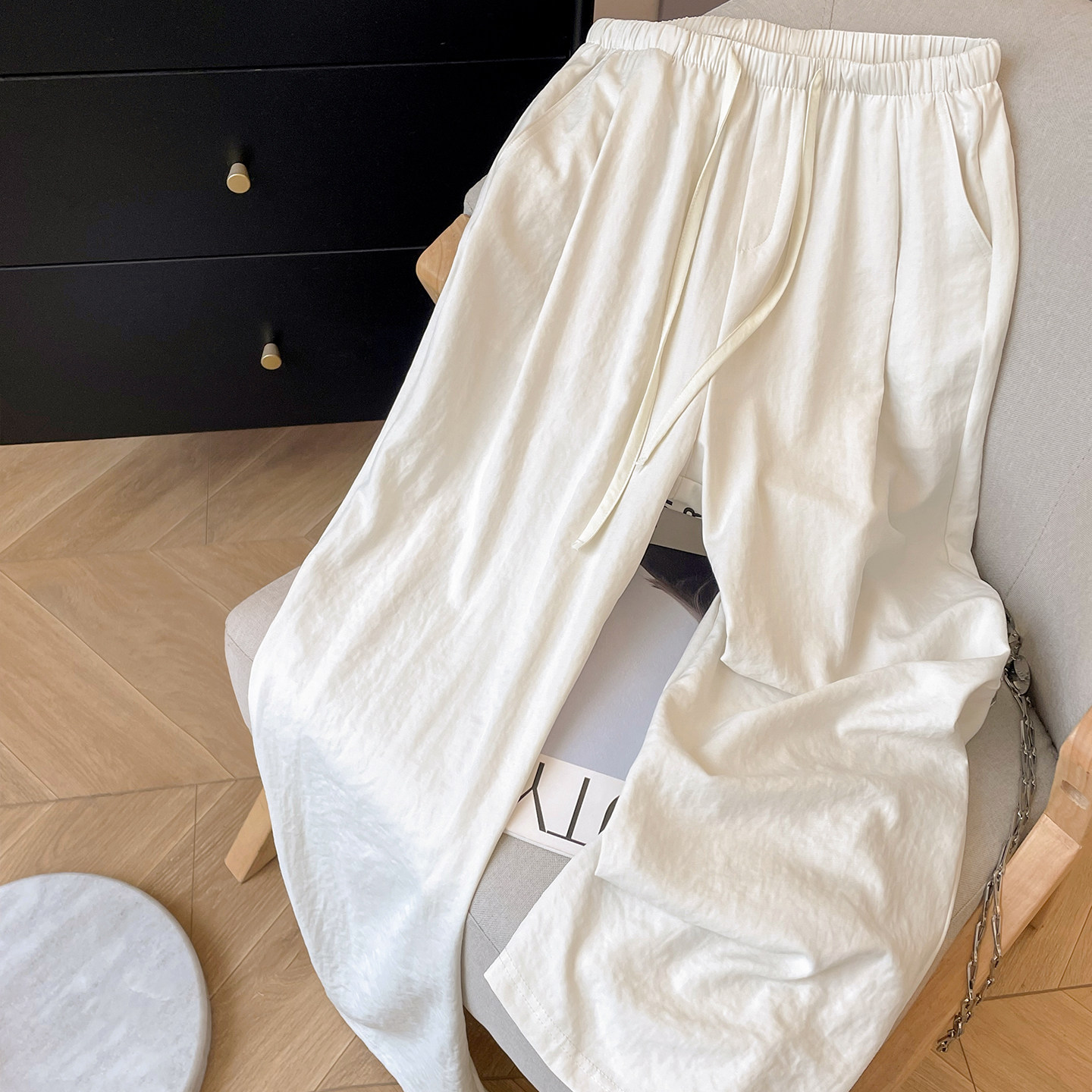 小C家 高腰直筒裤女夏薄款2026新款宽松系带休闲裤舒适松弛感裤子