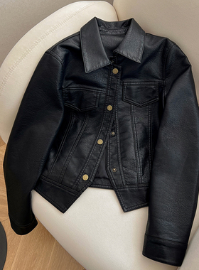 小C家 黑色短款皮衣外套女2026新款春季翻领PU皮时尚休闲夹克上衣