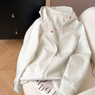 小C家 笑脸刺绣连帽卫衣女款2026新款春季宽松插肩袖拉链开衫外套