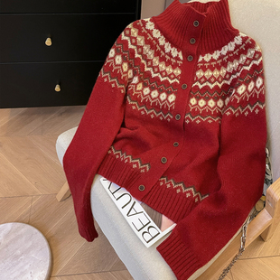 小C家 费尔岛毛衫女款2025新款爆款冬宽松慵懒风立领针织开衫毛衣