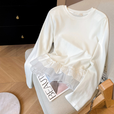 宽松磨毛减龄蕾丝拼接打底衫女冬