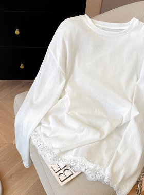 小C家 白色蕾丝花边长袖T恤女2026新款春法式慵懒松弛感穿搭上衣