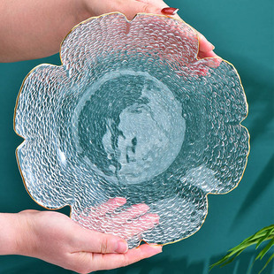 描金四叶草花瓣盘玻璃盘子水果盘沙拉盘家用早餐盘小碟子精致餐具