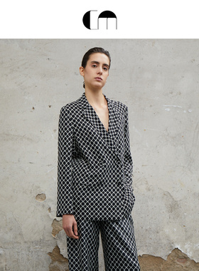 COMME MOI吕燕设计师早春女装双排扣直筒真丝西装&休闲裤套装