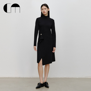 COMME MOI吕燕设计师早春女装高领长袖羊毛混纺显瘦黑色连衣裙