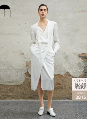 COMME MOI吕燕设计师夏季女装通勤简约白色真丝印花连衣裙
