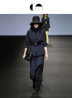 COMME MOI吕燕设计师早春女装钉珠压褶一片式绵羊毛混纺直筒半裙