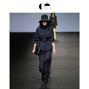 COMME MOI吕燕设计师早春女装钉珠压褶一片式绵羊毛混纺直筒半裙